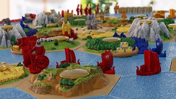3D Catan board with ships, mountains, and islands