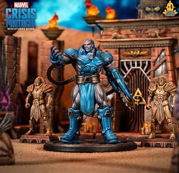 Apocalypse miniature flanked by two golden statues in an Egyptian temple