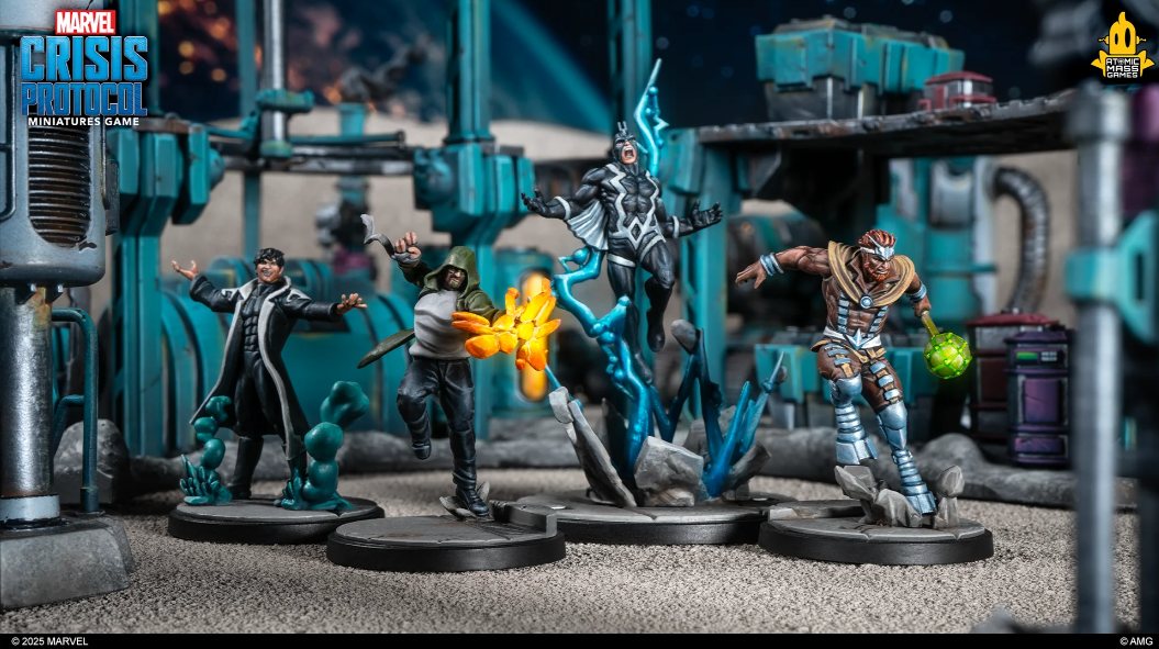 Black Bolt and three Inhumans miniatures on industrial terrain