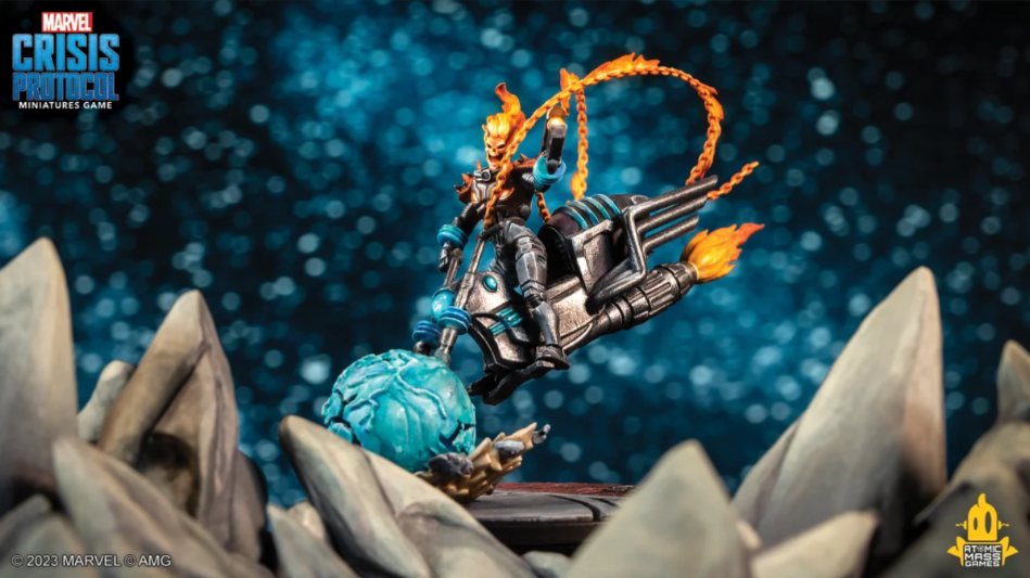 Cosmic Ghost Rider on his flaming bike over crystal terrain