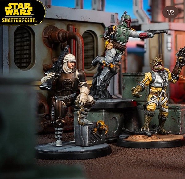 Dengar, Boba Fett, and Bossk miniatures on industrial terrain