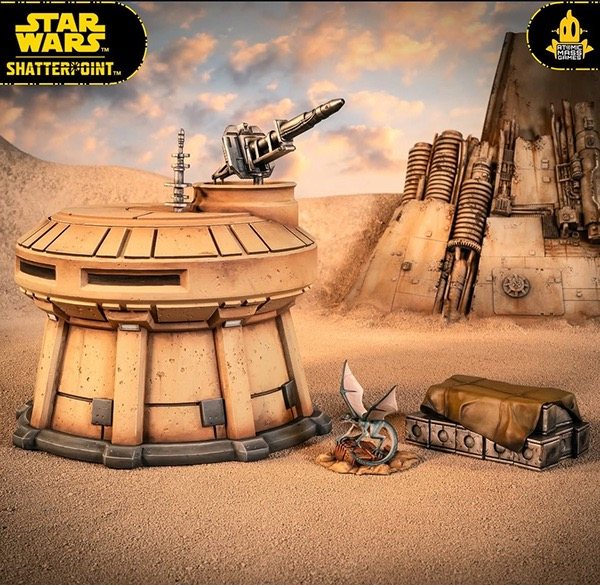 Desert gun turret terrain piece with a small creature and supply crate