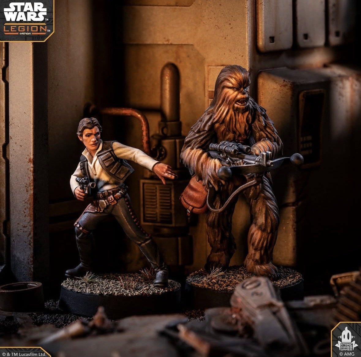 Han Solo and Chewbacca miniatures in a rusted corridor