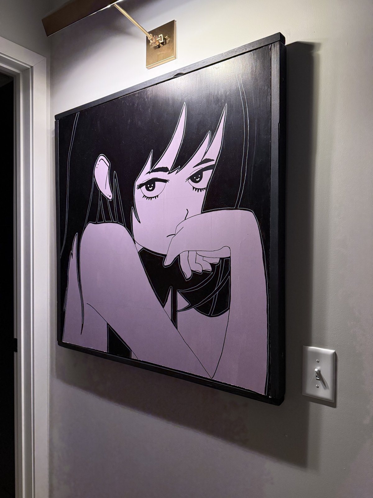 Purple and black painting of a girl resting her face on her arm