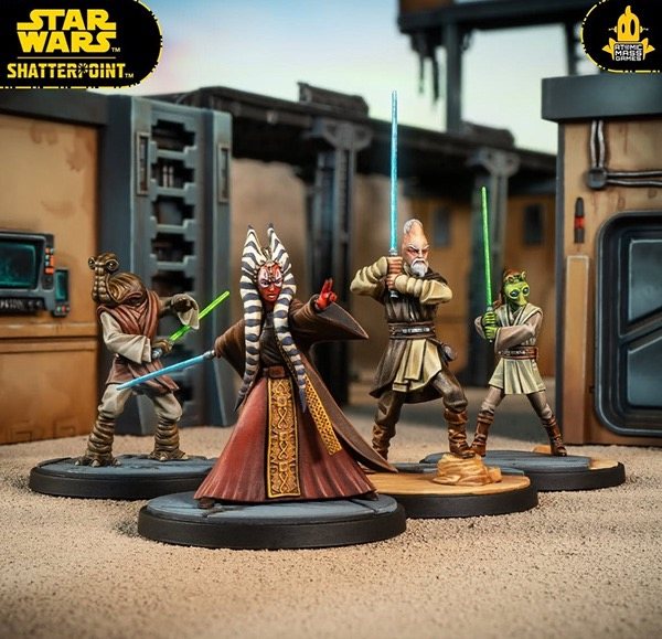 Shaak Ti, Ki-Adi-Mundi, and two Jedi with lightsabers on desert terrain